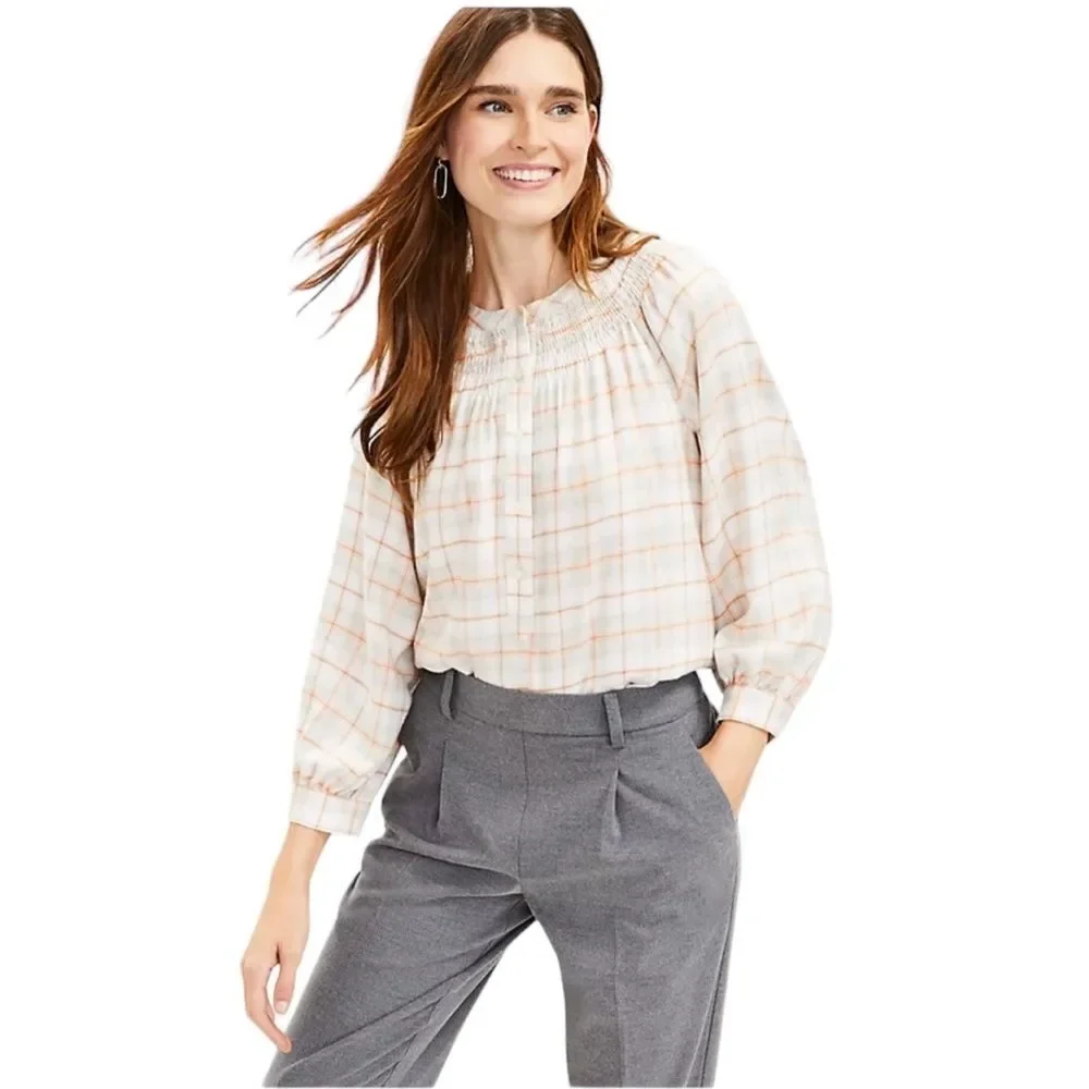LOFT Plaid Smocked Henley Top Blouse Cream Gray Orange Women's, Size M